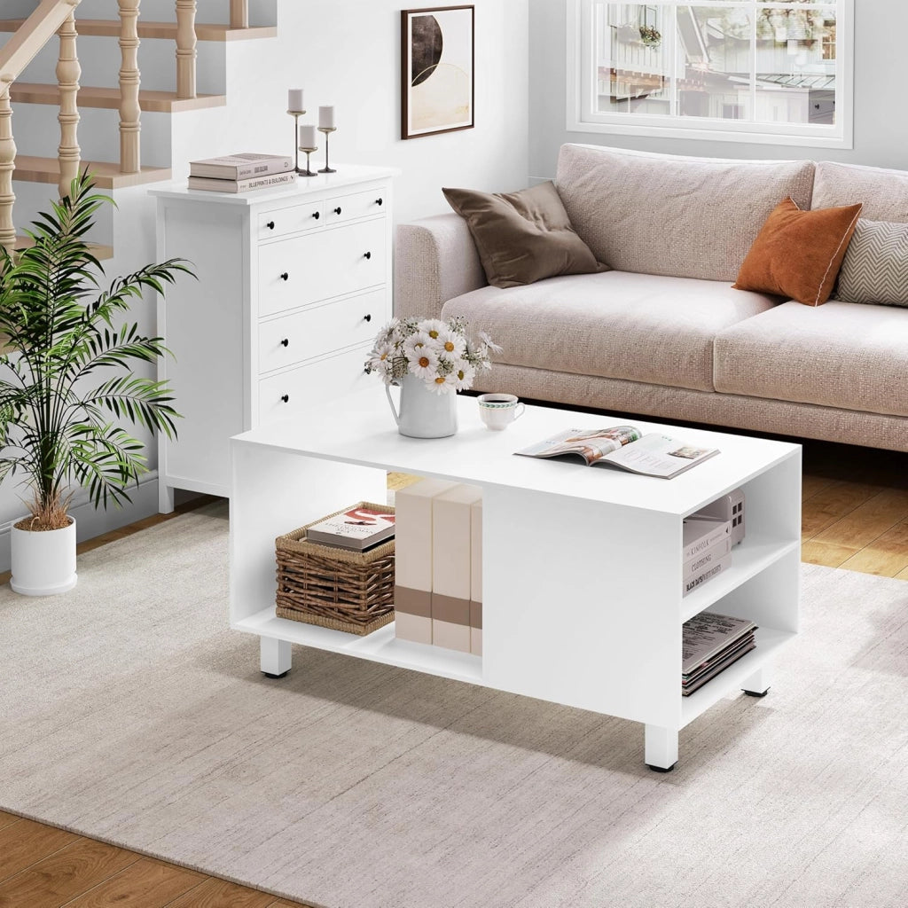 Tavolino con Vano Portaoggetti, Tavolino da Divano con 3 Scomparti, Tavolino da Divano con Gambe in Metallo, per Divano da Salotto, 50 kg Caricabile, 90x50x45 cm, Bianco, BTS23ws