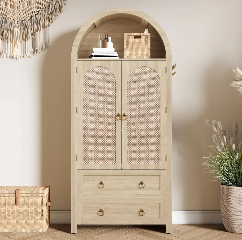 Sideboard 80x40x180 cm con ripiani aperti e doppi cassetti in MDF rovere
