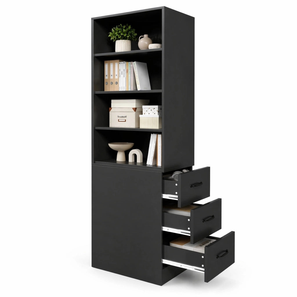 Libreria alta e stretta 180 cm con cassetti laterali, 4 vani aperti e ripiani regolabili, colore nero