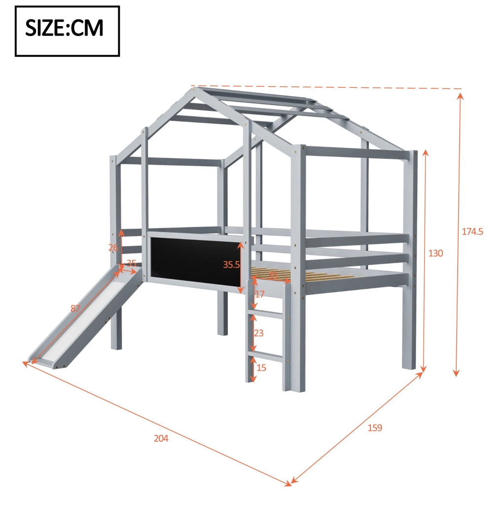 Letto a soppalco per bambini 90x200 cm con scivolo grigio