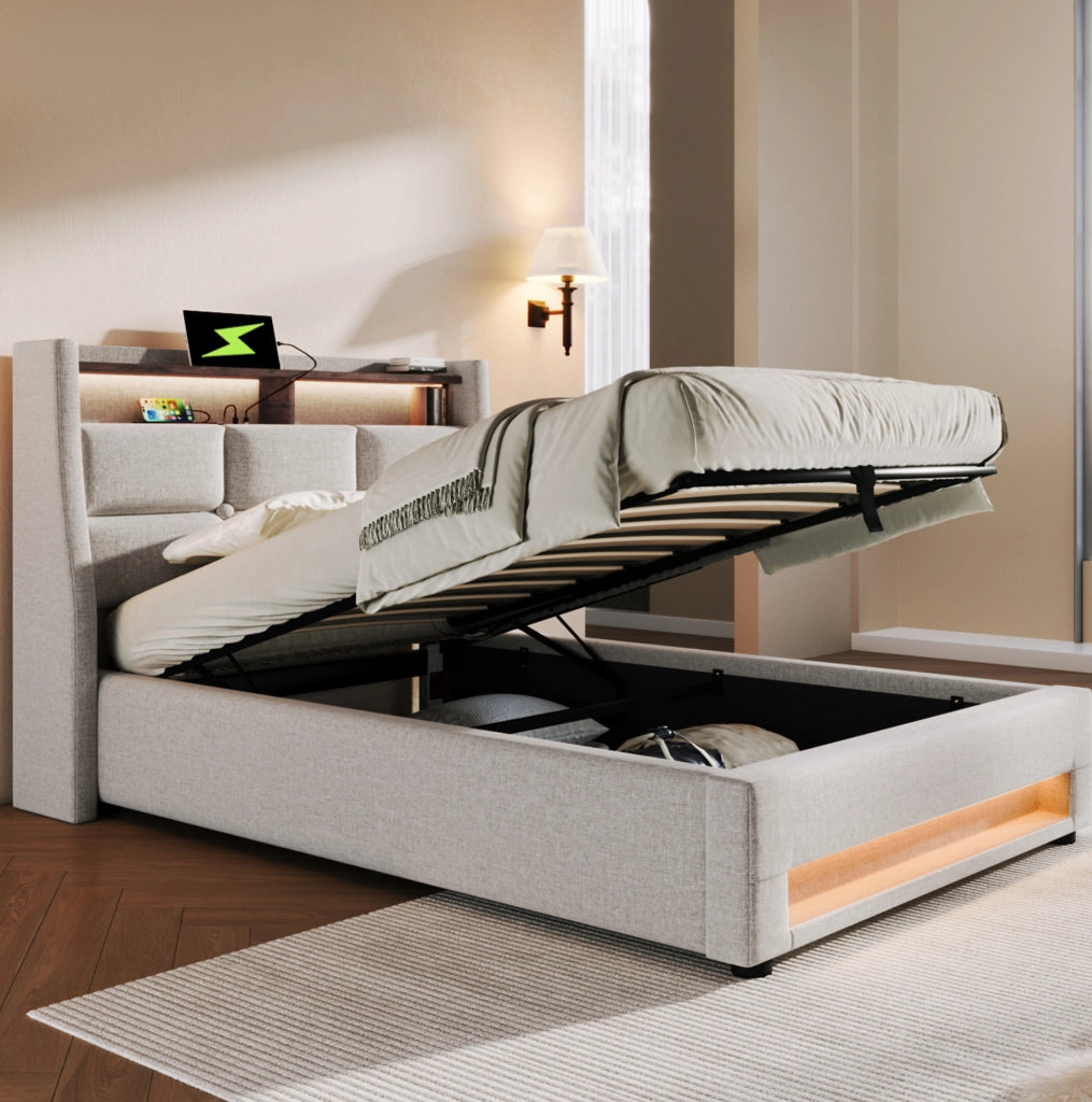 Letto imbottito 90x200 cm con LED e USB; lino beige (Senza materasso)
