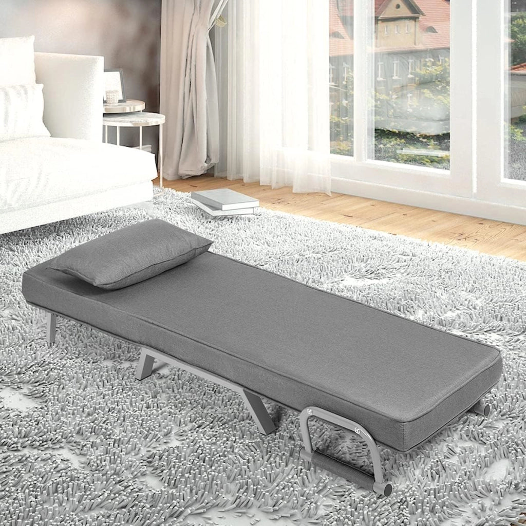 2 in 1 Poltrona Letto Pieghevole, Schienale Regolabile a 5 Livelli, con Braccioli e Cuscinetto, Chaise Longue Soggiorno, Telaio in Metallo, Carico di 150 kg, 59x78,5x83 cm, 5 Colori