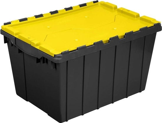 Contenitore di archiviazione da 45 litri - Contenitore di archiviazione trasparente con coperchio agganciabile e ripiegabile - Per garage, armadi e traslochi - 54 x 38 x 32 cm - Nero/giallo