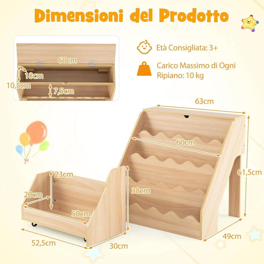 Libreria Montessoriana per Bambini 2in1, Scaffale per Libri a 4 Livelli con Carrello Portagiochi, Vano con Coperchio Ribaltabile, per Cameretta e Stanza dei Giochi, 63x49x61,5 cm (Naturale)