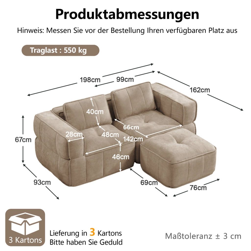 Divano angolare modulare a 2 posti senza struttura con pouf e seduta profonda in poliestere sabbia 198 × 162 × 67 cm