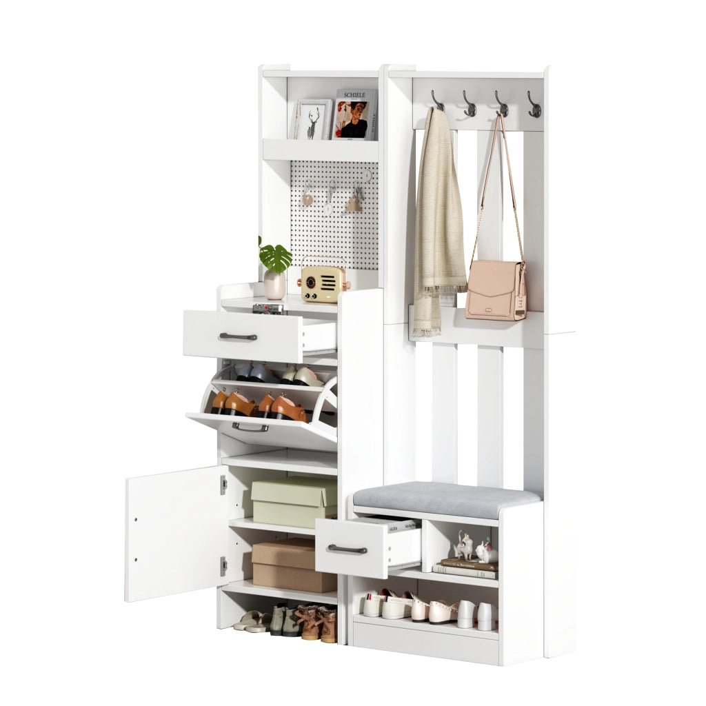 Mobile ingresso con 2 cassetti; 2 vani chiusi e 7 ganci - 110x35x175.5 cm - bianco