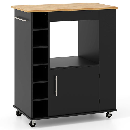 Isola da cucina con ruote e portabottiglie a 6 scomparti piano in bamb¨´, Carrello da cucina 76x44x89cm Nero-Carrelli
