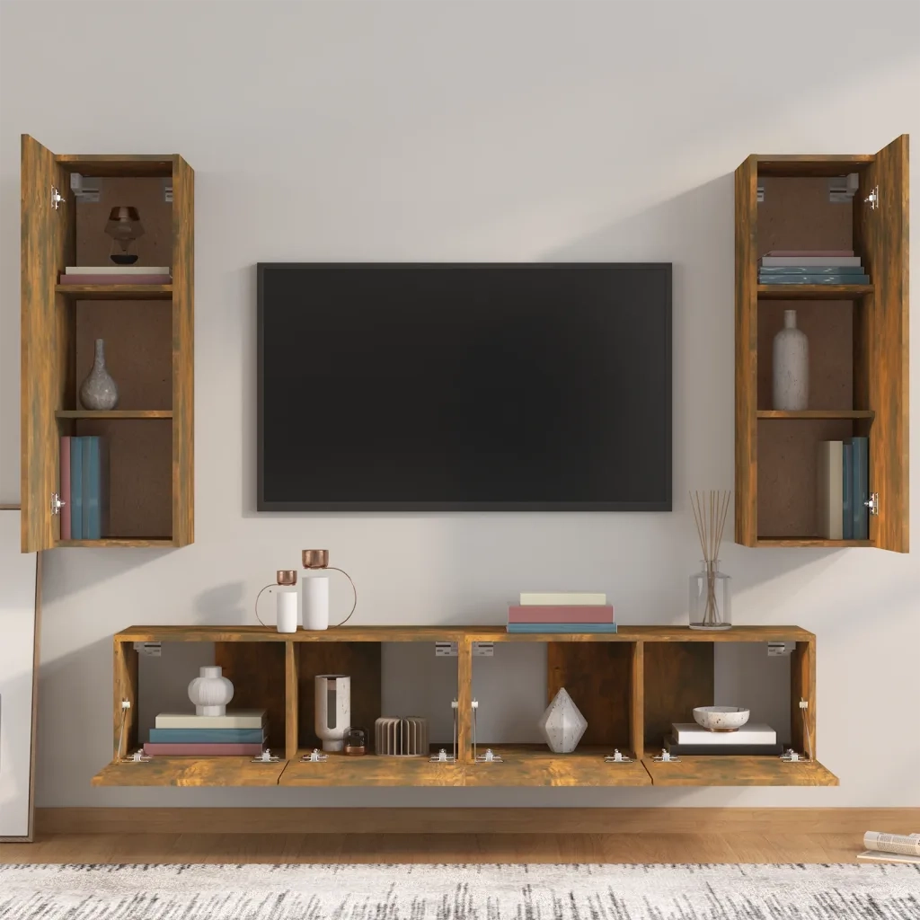 Set di Mobili Porta TV 4 pz-Credenza per TV Rovere Fumo in Legno Multistrato 323820
