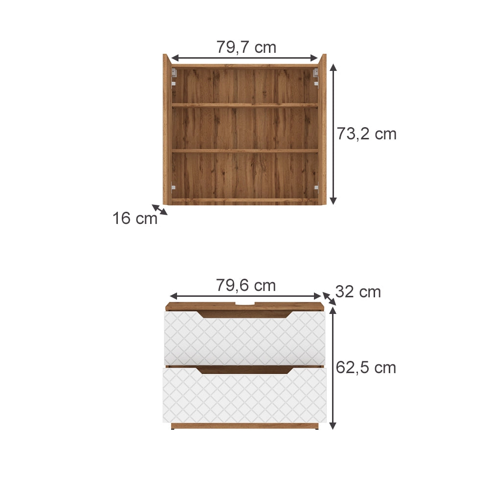 Vicco Set di mobili da bagno Rovere/bianco con struttura in piastrelle 2 parti