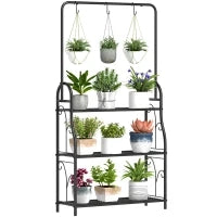 Portavaso per Piante a 3 Livelli, Supporto per Piante per Interni ed Esterni, con 3 Ganci, in Metallo, 75 x 25 x 137 cm, Nero