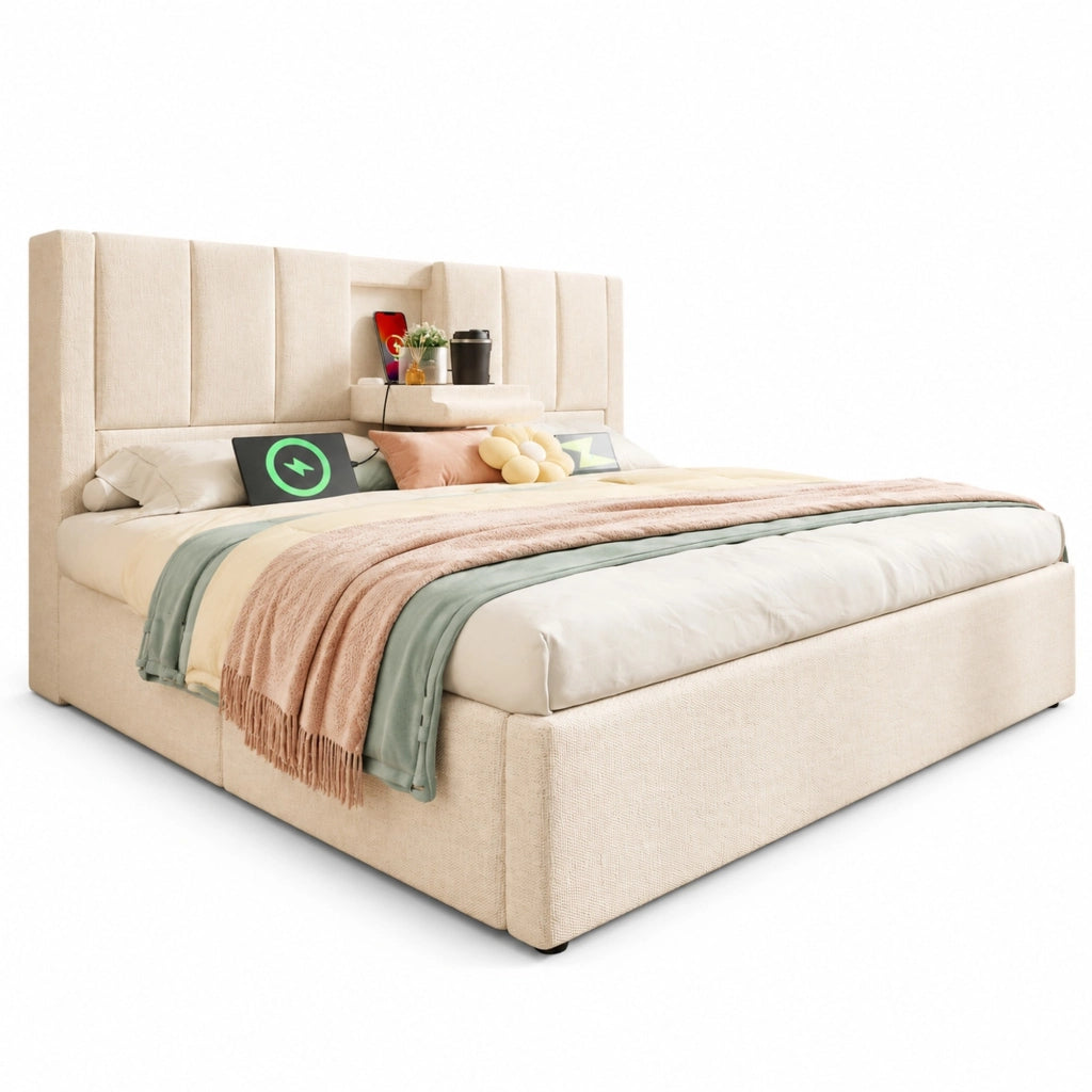 Letto imbottito 140x200 cm in lino beige con contenitore, portabicchieri a scomparsa e stazione di ricarica USB