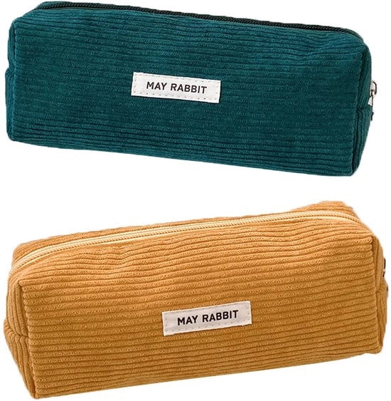 Etui a 2 pezzi in tessuto corduroy, etui in pelle naturale, etui portatile con chiusura a righello, etui estetico, per ragazzi, uomini e donne (verde + giallo)