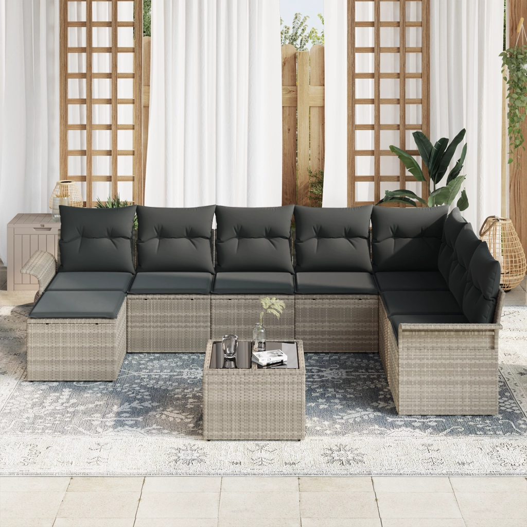 Set divano da giardino 9 pezzi con cuscini Rattan grigio