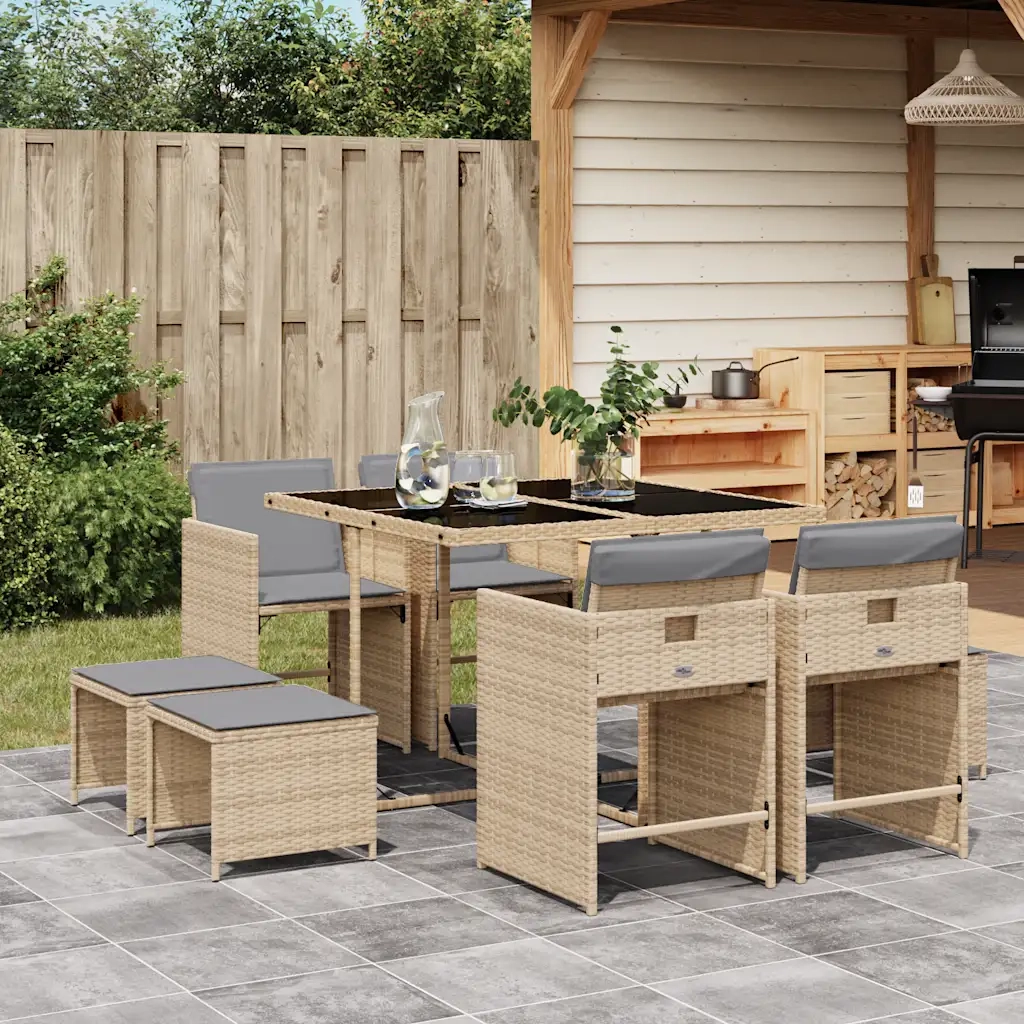 Set Pranzo da Giardino 9 pz | Set Salotto da Giardino con Cuscini Beige Misto Polyrattan