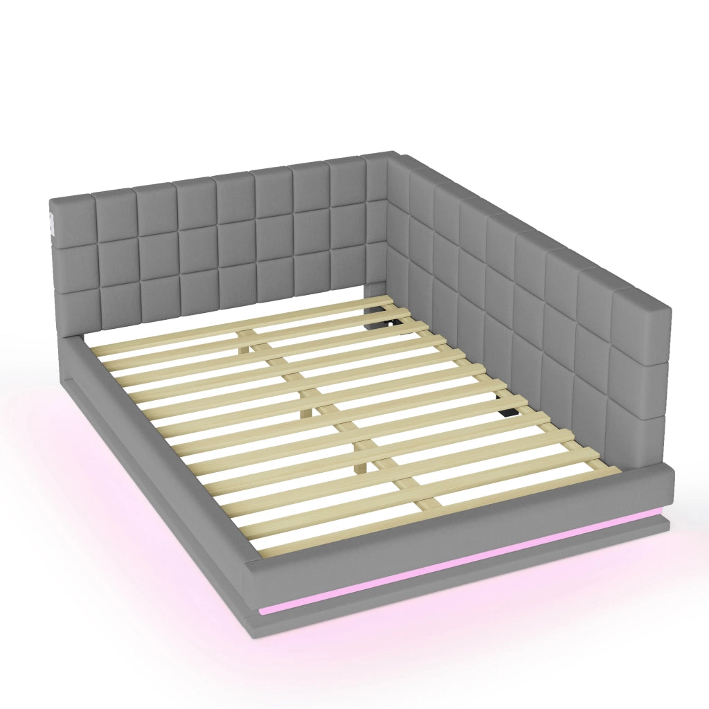 OKWISH Divano Letto 160×200 cm, Letto Matrimoniale con LED Regolabile, USB e Doghe, senza Materasso, in Lino, Grigio