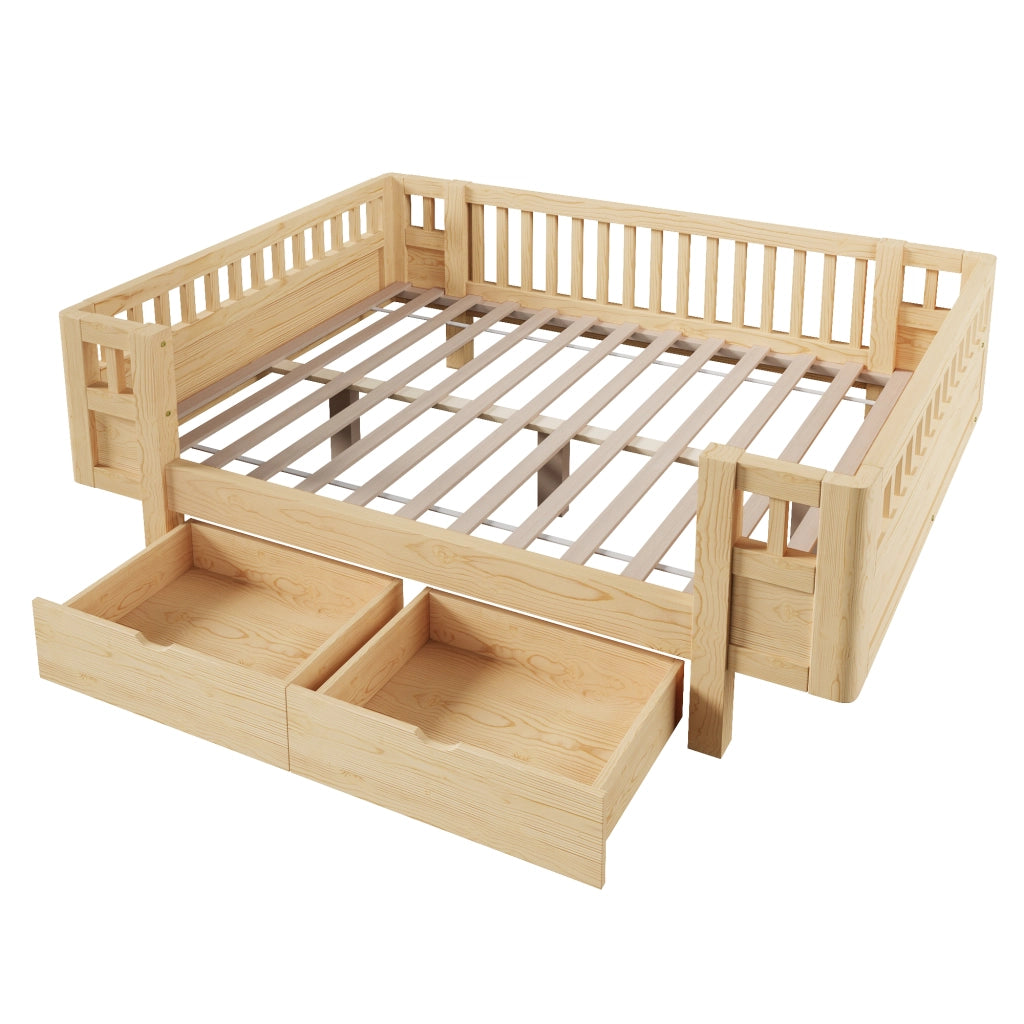 Letto a piattaforma con barriera protettiva e 2 cassetti; 90x200 cm; legno