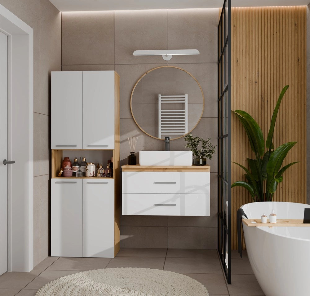 Mobile bagno NEL 1k DK scaffale colonna con koszem per bucato rovere artisan e bianco