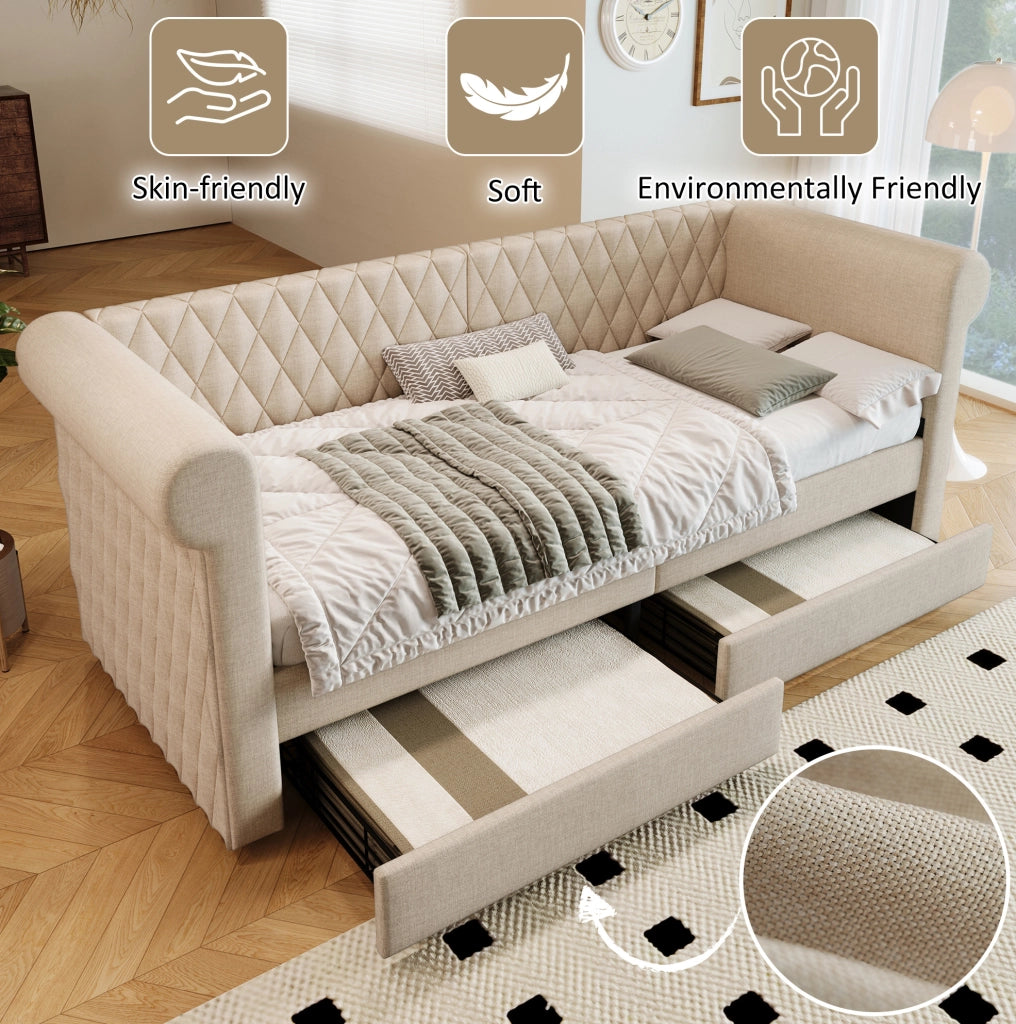 Divano letto vintage 90x200 cm in lino beige con 2 cassetti
