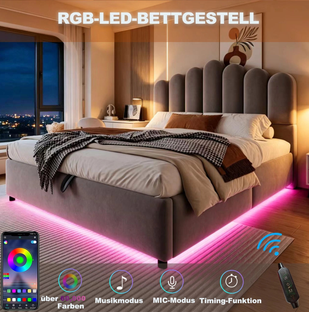 Letto matrimoniale 140x200 cm imbottito con contenitore idraulico; LED; velluto grigio
