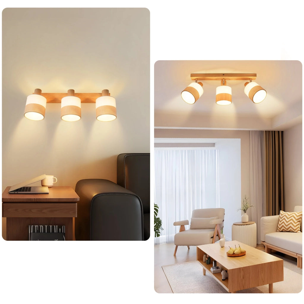 ZMH Faretto da soffitto vintage 3 luci E14 legno tessuto orientabili 350° max 25W senza lampadina