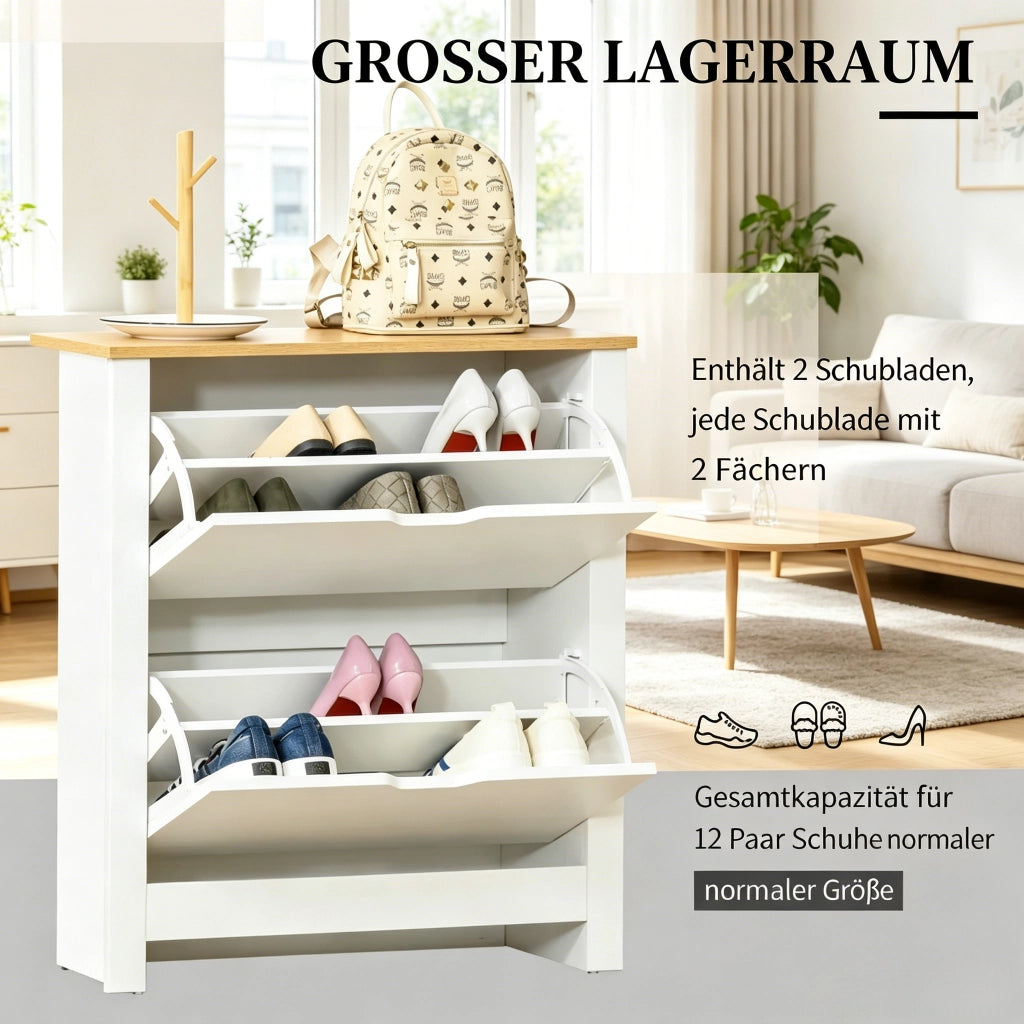 Scarpiera con 2 ante ribaltabili e divisorio regolabile, per ingresso e camera da letto, in truciolare, legno naturale e bianco, 72 × 26 × 80 cm