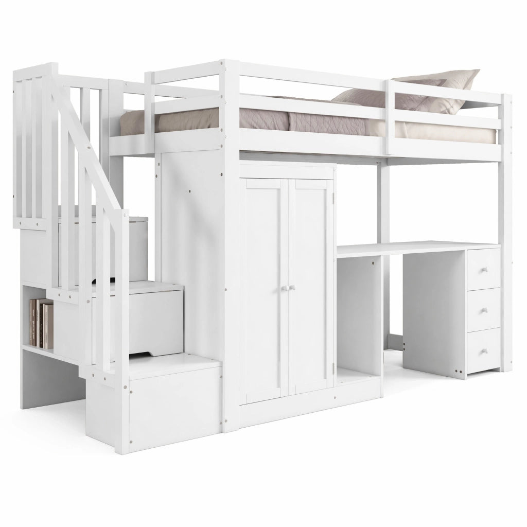 Letto a soppalco 90x200 cm con scrivania e armadio, bianco