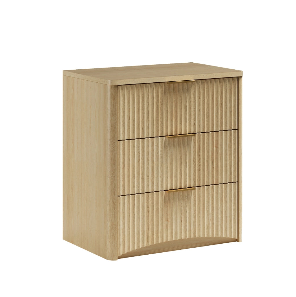 Comodino 58x38x64 cm con 3 cassetti; guide silenziose in MDF; rovere
