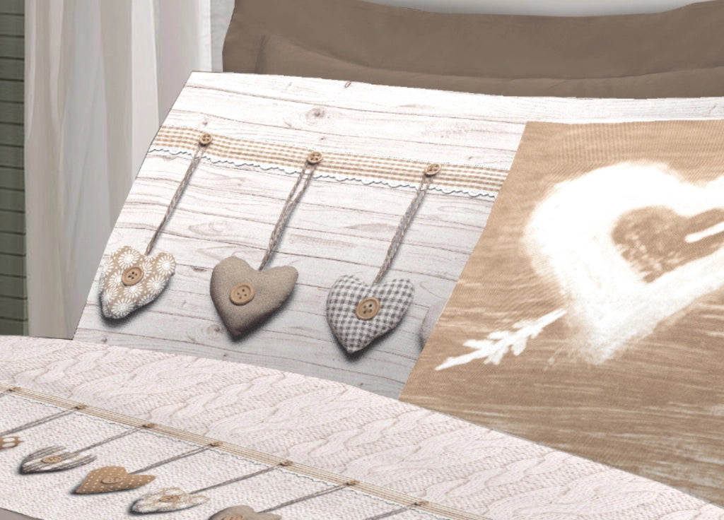 Completo Lenzuola Linea Pensieri Delicati 100% Cotone Disegno Cuore Appeso - Singolo - Beige