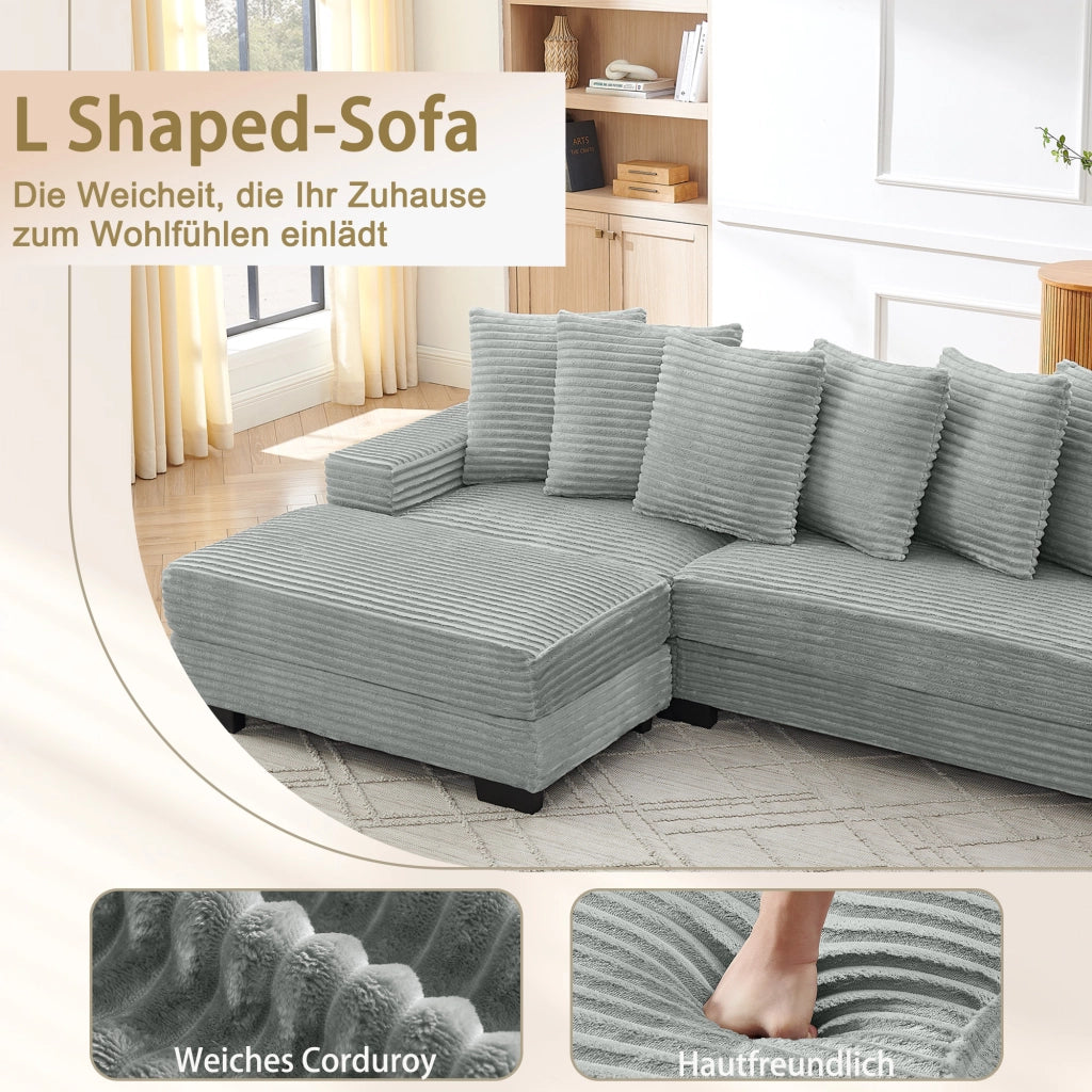 Divano angolare 4 posti con chaise longue reversibile e 6 cuscini in velluto a coste grigio