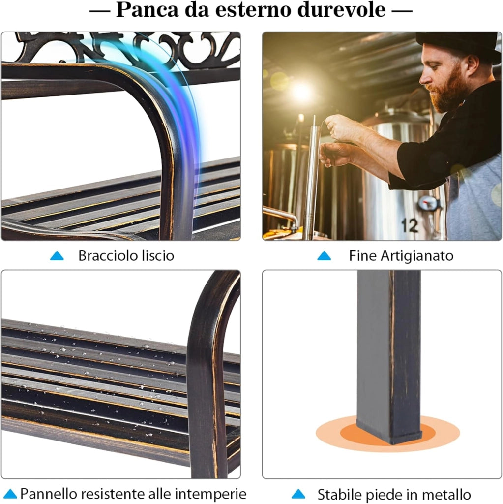 Panchina da Esterno, Panca di Metallo con Schienale Bello, Sedile Ampio e Braccioli Ergonomici, Panchina da Giardino, Balcone e Cortile, Portata 320 kg, 127 x 63,5 x 89 cm (Bronzo)