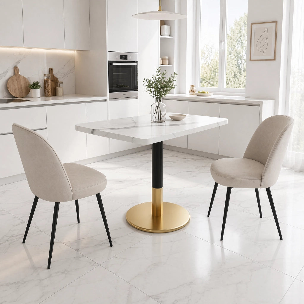 Tavolo da pranzo per 2 persone con piano effetto marmo bianco struttura in metallo nero e base oro 80 × 60 cm