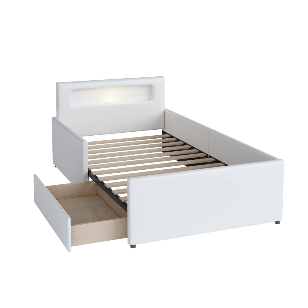 Letto imbottito per bambini 90x200 cm con luce LED; porta USB e cassetti; bianco