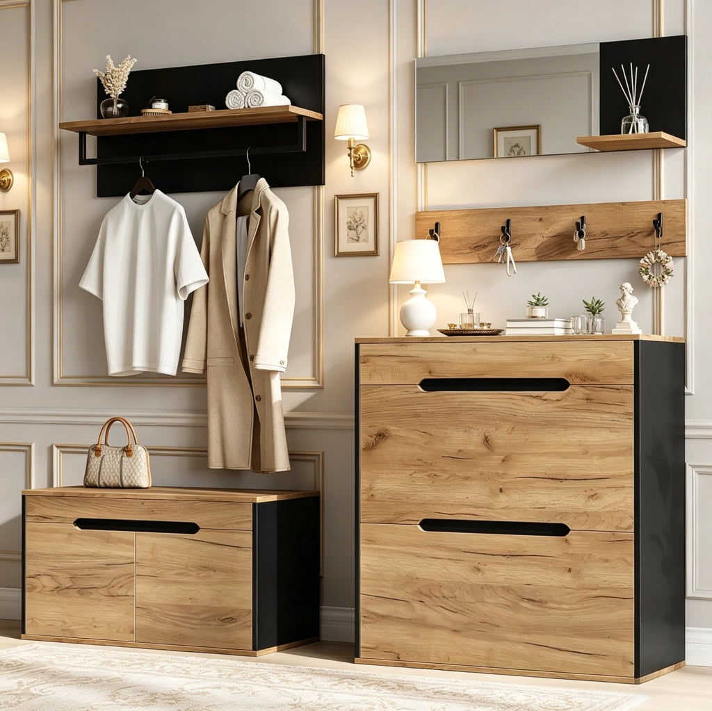 Garderoba ingresso 156x36x176 cm con specchio; ganci e scarpiera regolabile in MDF naturale e nero