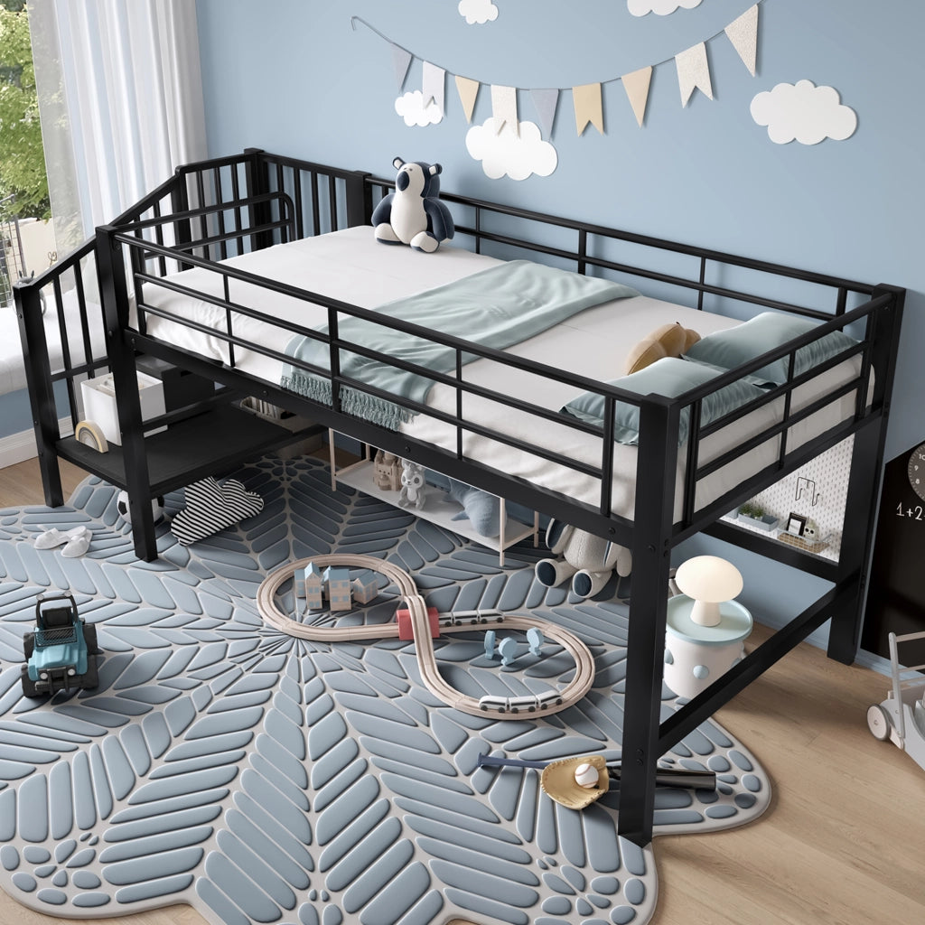 Letto alto semialto nero con scala contenitore in MDF e metallo 90x200 cm