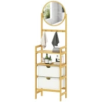 Mensola da Bagno in Bambù con Specchio con 4 Ganci 2 Ripiani Aperti e 2 Cassetti in Tessuto 48,5x30x170 cm Naturale