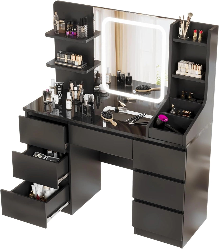 Toeletta da Trucco con 7 Cassetti, Postazione Trucco con Specchio a LED, Luminosità Regolabile,Tavolo da Toeletta con 4 Ripiani Aperti,per la Camera da Letto, Bianco