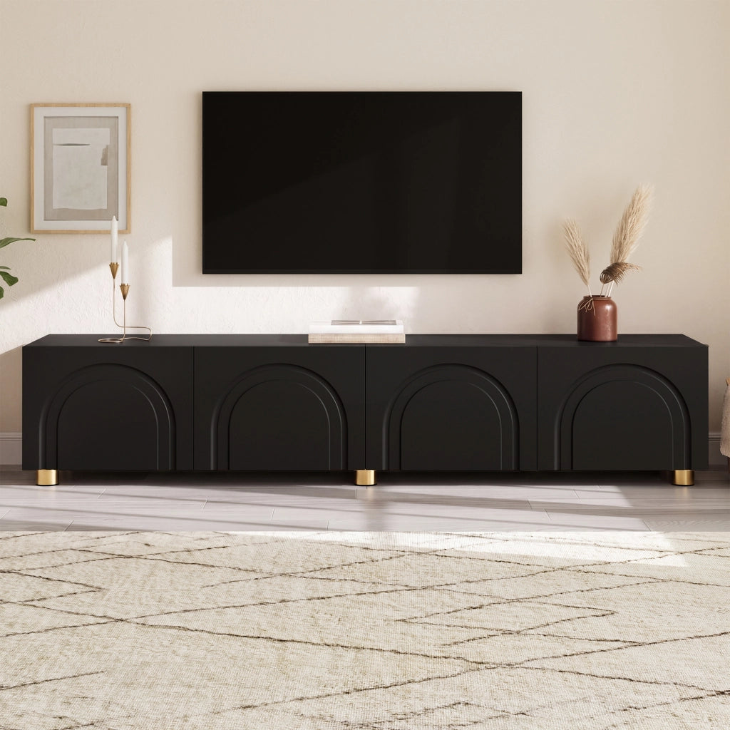 Mobile porta TV con 4 ante e rilievo ad arco, per soggiorno, in MDF e pannello truciolare, nero, 180 × 35 × 40 cm