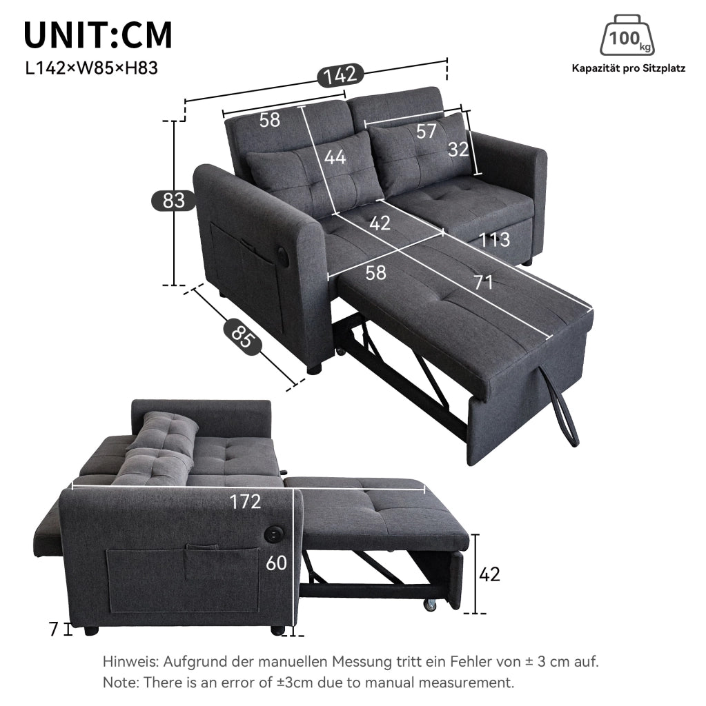 Divano letto 3 in 1 con schienale regolabile; USB e tasche in cotone e lino grigio
