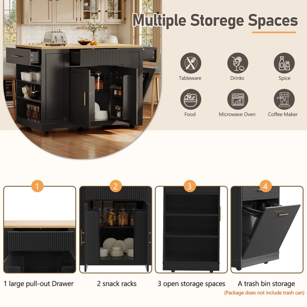 Carrello da Cucina con 2 Ante; 3 Cassetti; Vano per Rifiuti e 5 Ruote; in MDF e Metallo; 120x50x92 cm