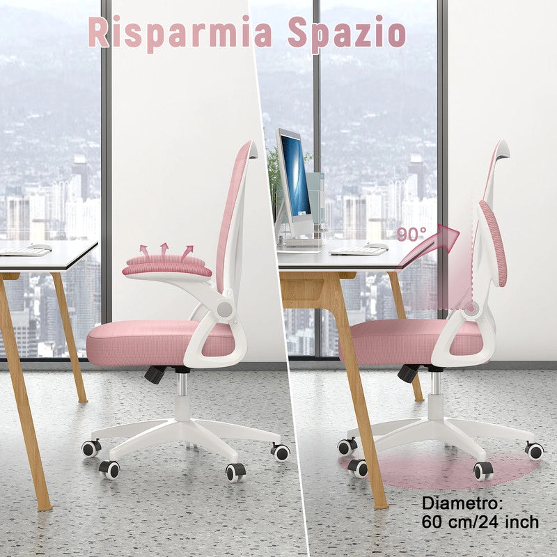 Poltrona Ufficio Ergonomica con Rotelle - RATTANTREE - Braccioli Ribaltabili 90¡ã + Schienale Reclinabile 90¡ã-105¡ã - Rete Mesh Traspirante - Rosa