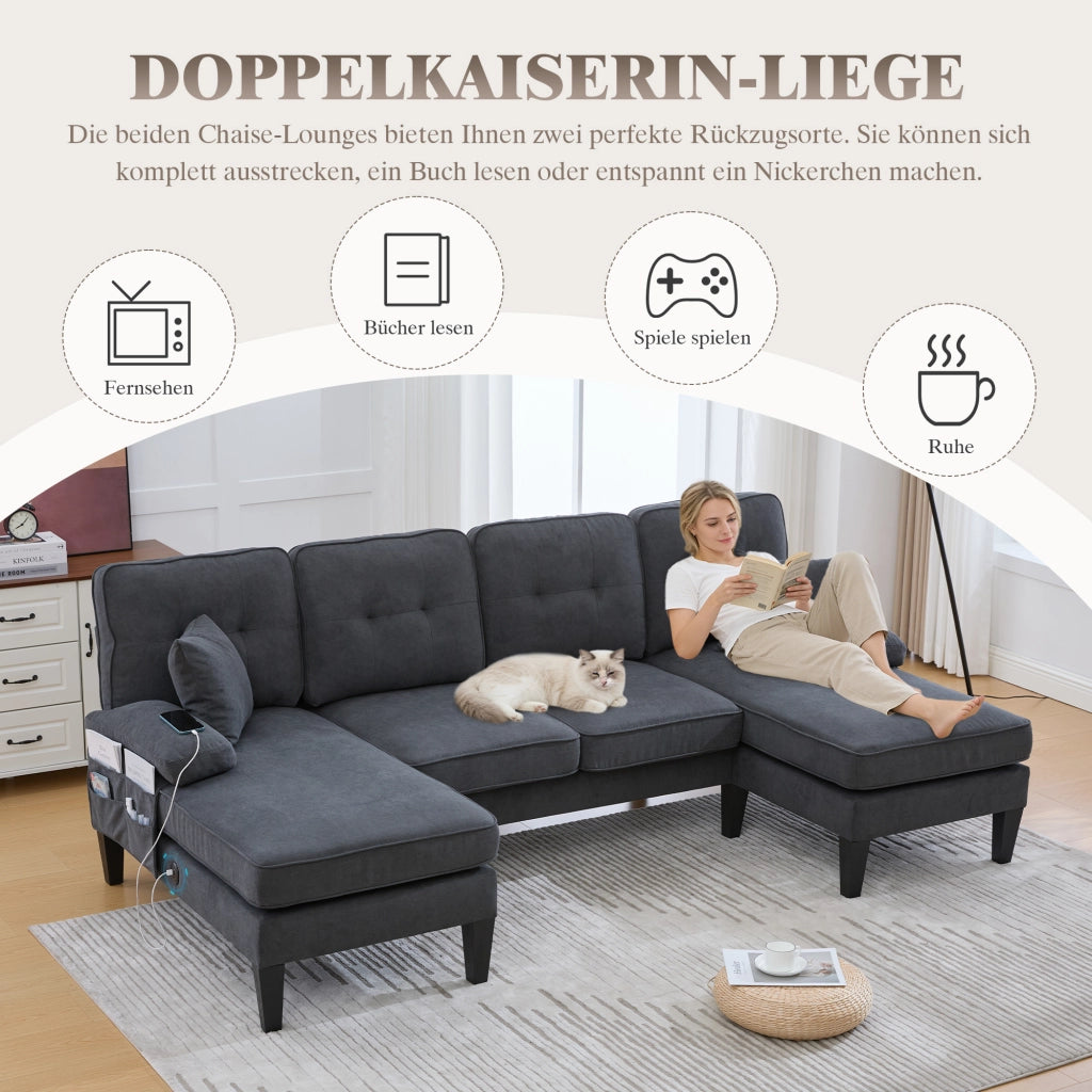 Divano a U a 4 posti in tessuto di lino con tasche laterali, porte USB tipo C e due chaise longue, grigio scuro