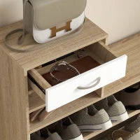 Mobile Appendiabiti 3 in 1 con Scarpiera e Specchio, Ganci e Cassetti, in Legno, 90x24x177 cm, Bianco e Quercia