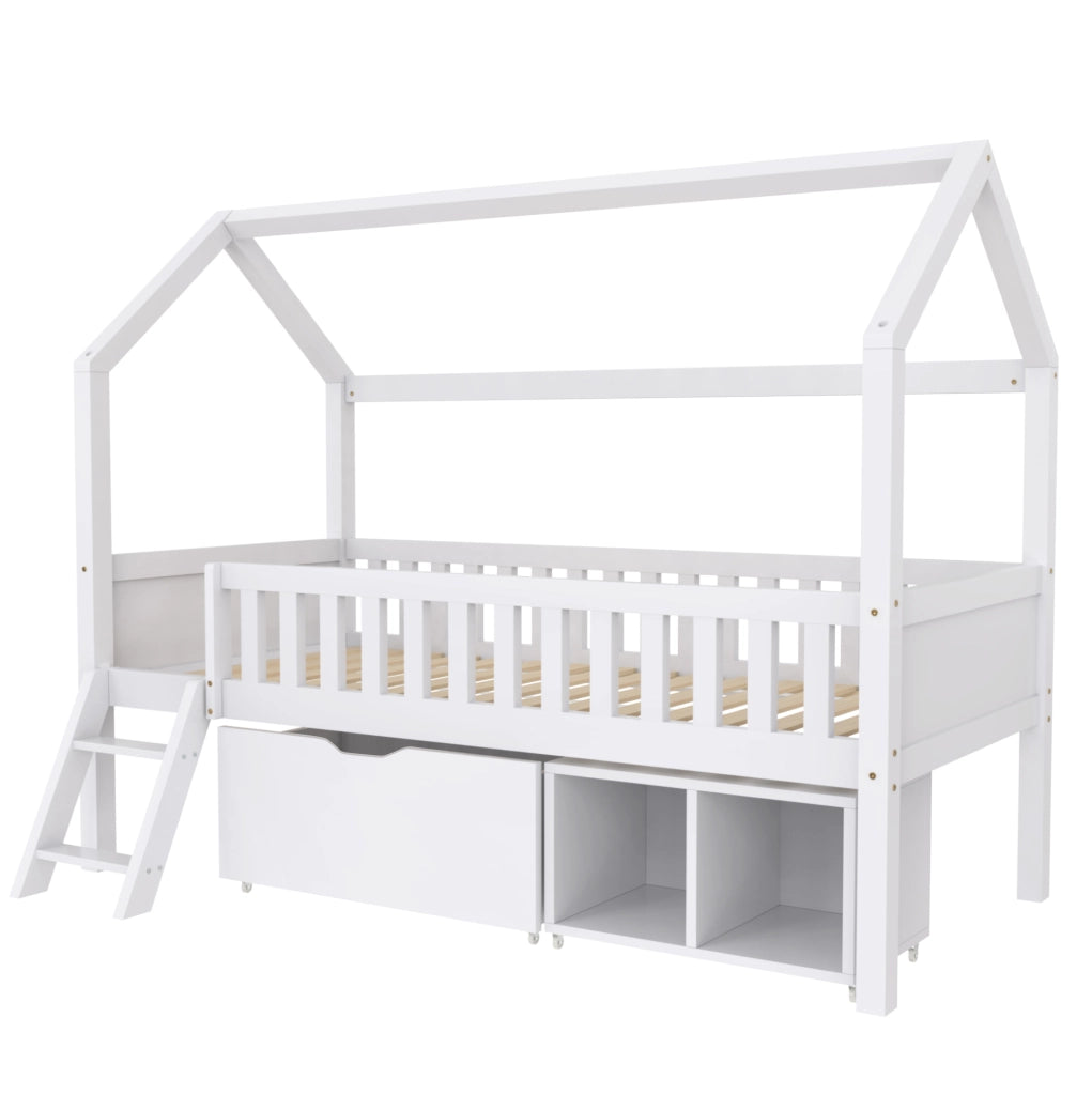 Letto a casetta per bambini 90x200 cm bianco in pino
