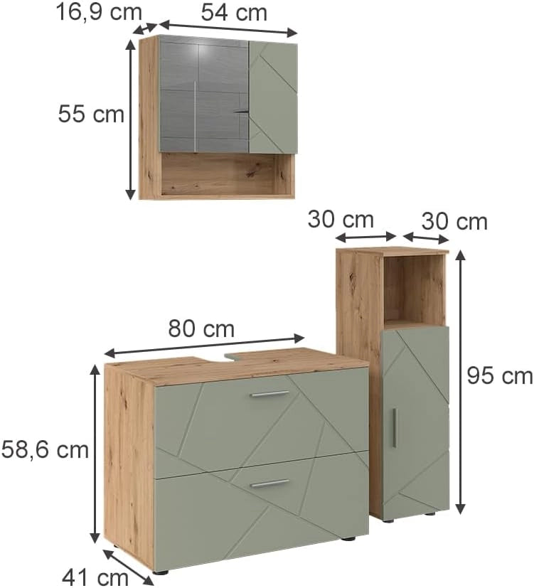 Set di mobili da bagno Irma, Verde salvia, 80 cm, composto da mobile sottolavabo, specchiera e mobile medio