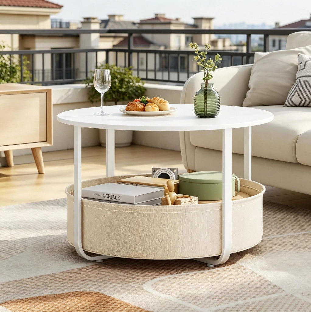 Tavolino rotondo con cestino in canvas Ø 80 cm beige e bianco
