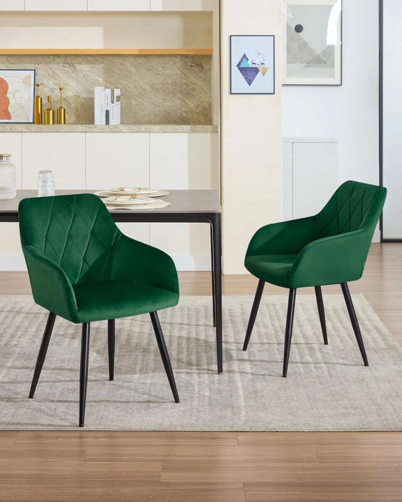 1x Sedia per Sala da Pranzo Imbottita, Poltroncina in Velluto,Sedia da Cucina con Braccioli e Schienale, Gambe in Metallo, Verde Scuro, BH352dgn-1