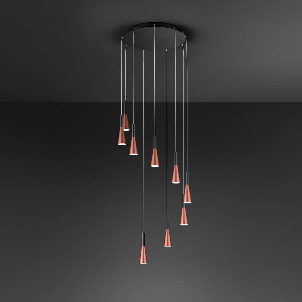 Lampadario Minimal Cone Metallo Oro Acrilico Nero 9 Luci Led 7W 3000K