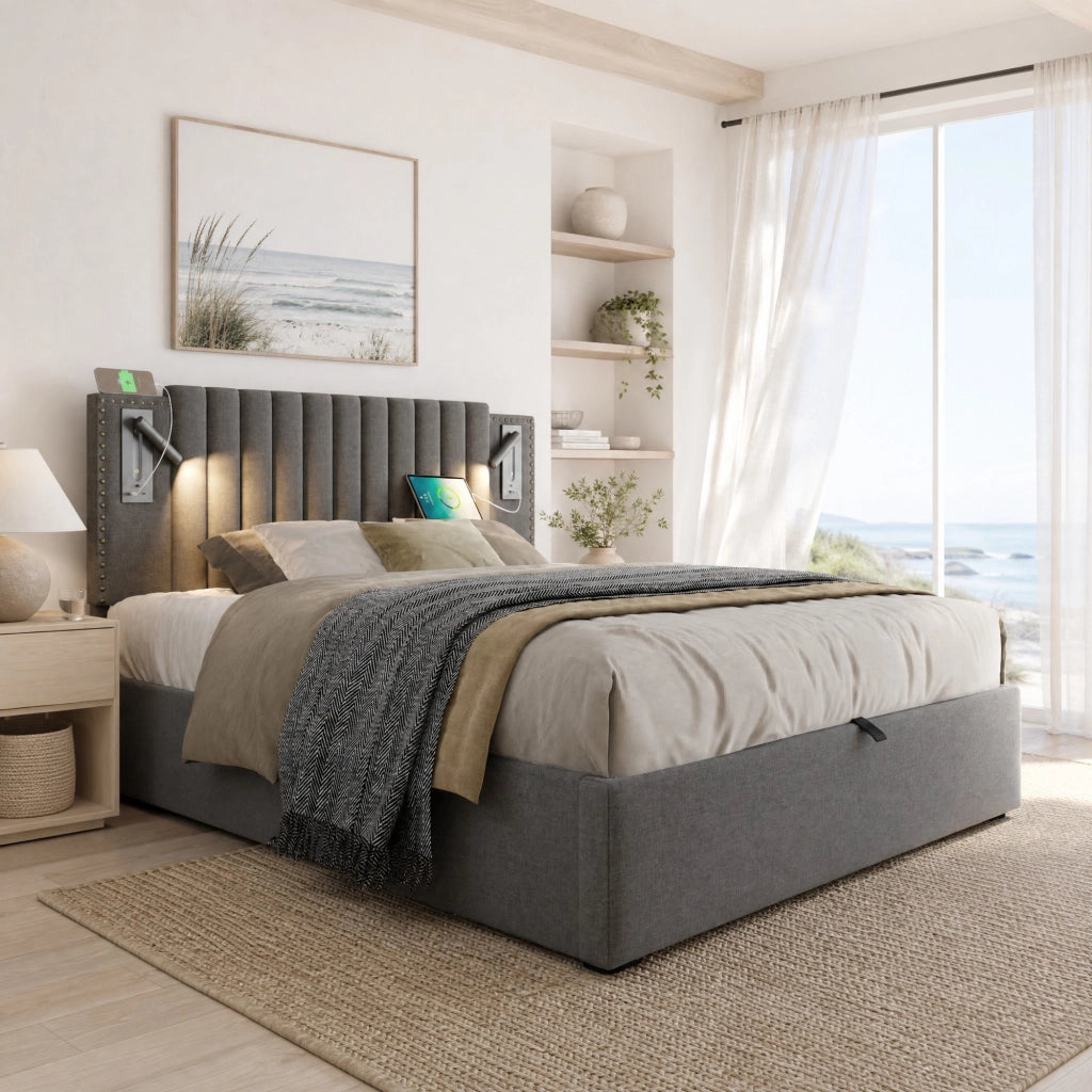 LETTO Contenitore 180x200 cm Grigio in Cotone con luce lettura e USB