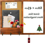 Pannello di notizie con cornice in legno, pannello di cartongesso, pannello da attaccare e pannello da magnete - cassetto di ripostiglio e 5 ganci da chiave - design retro - 60 x 45 cm