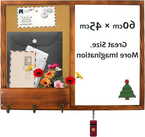 Pannello di notizie con cornice in legno, pannello di cartongesso, pannello da attaccare e pannello da magnete - cassetto di ripostiglio e 5 ganci da chiave - design retro - 60 x 45 cm